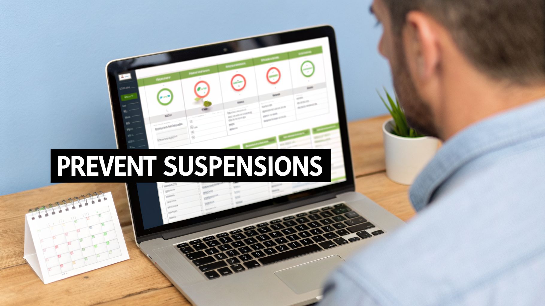 A person views a laptop screen displaying a dashboard with metrics, aiming to prevent suspensions.