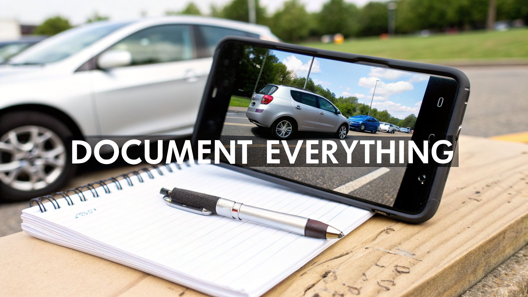 A smartphone displaying cars on a road, with a notebook and pen, emphasizing the need to document everything.