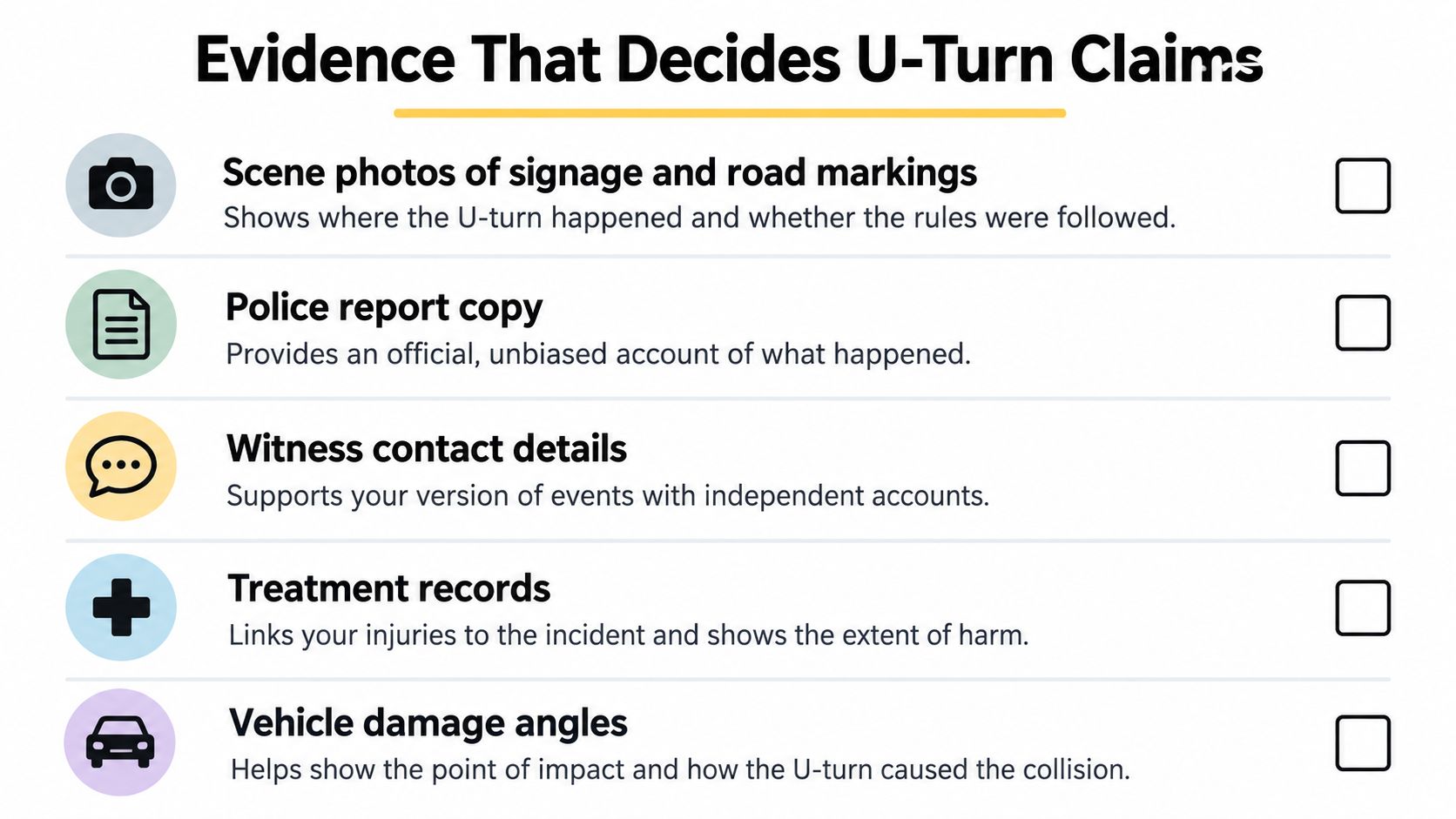 An infographic list titled Evidence That Decides U-Turn Claims featuring five essential types of documentation for claims.