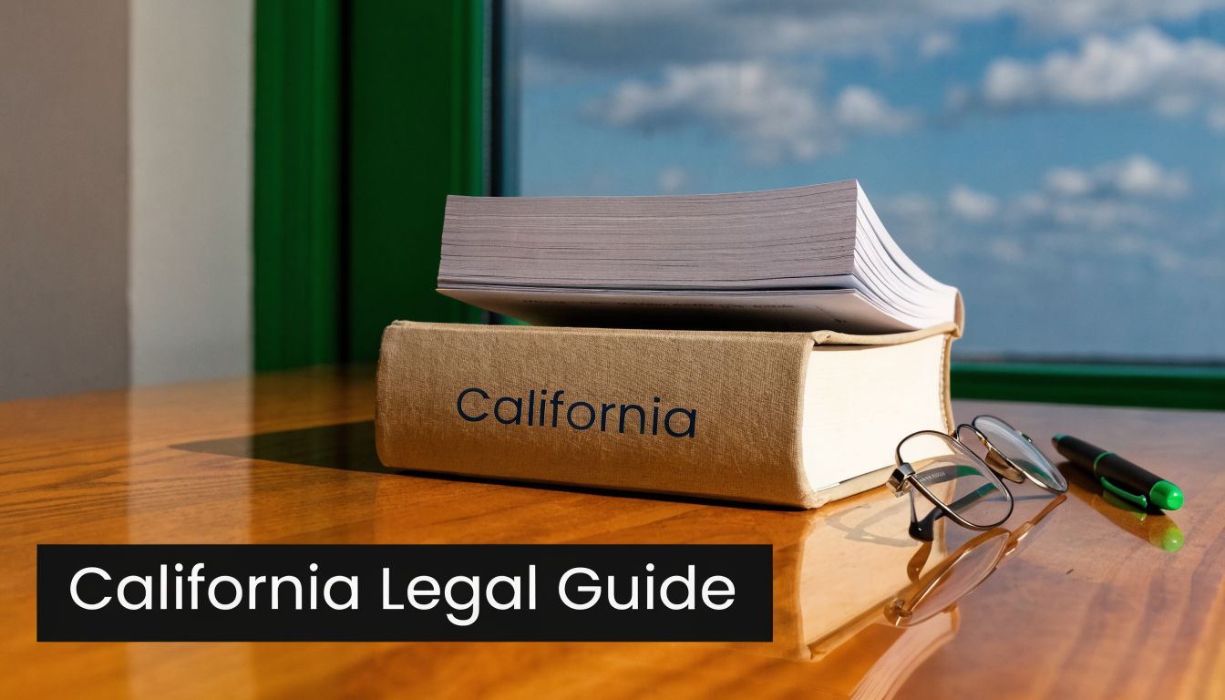 A stack of books labeled California with eyeglasses and a pen on a polished wooden desk
