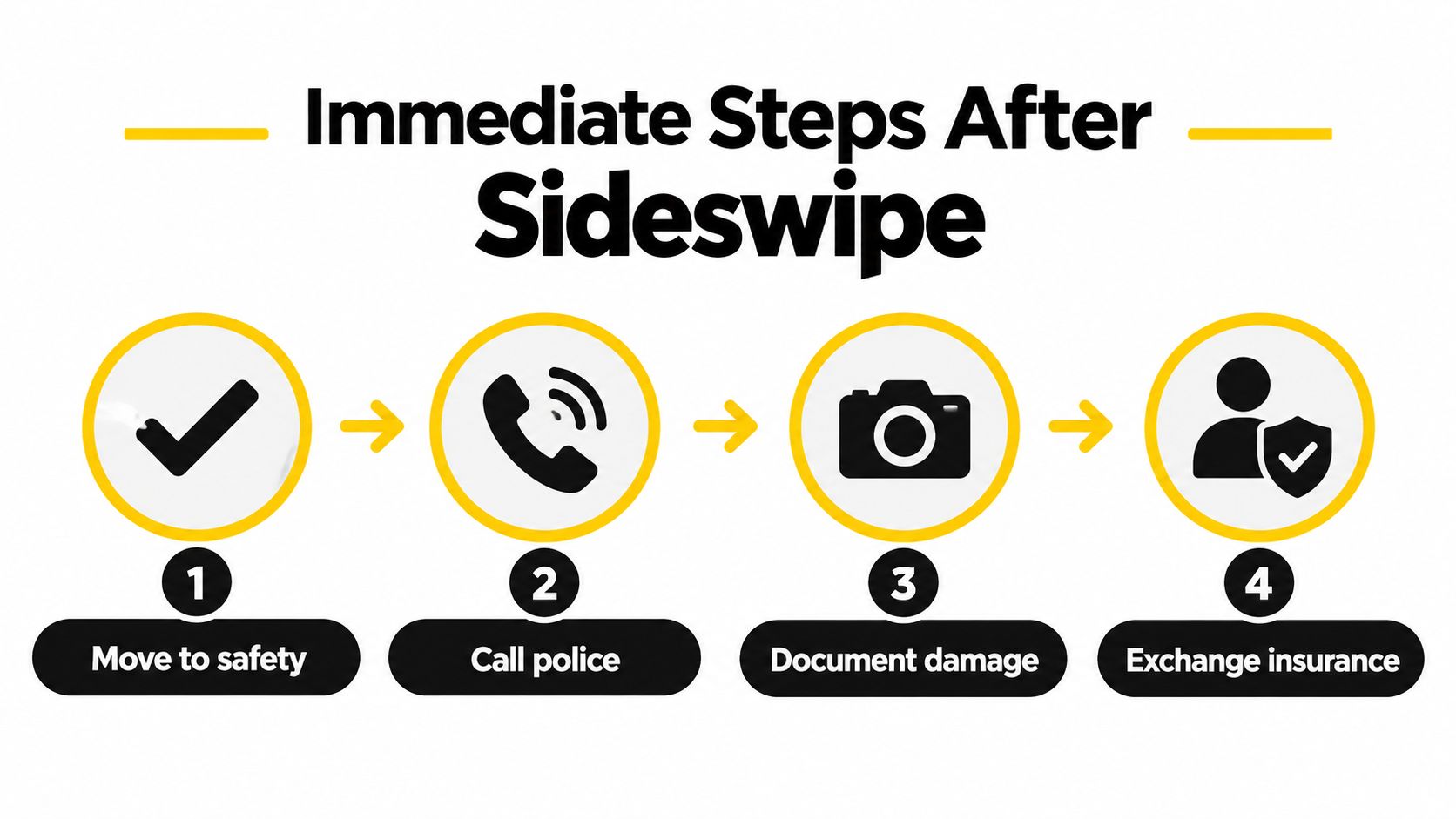 A four-step infographic showing immediate safety and documentation steps to follow after a sideswipe car accident.