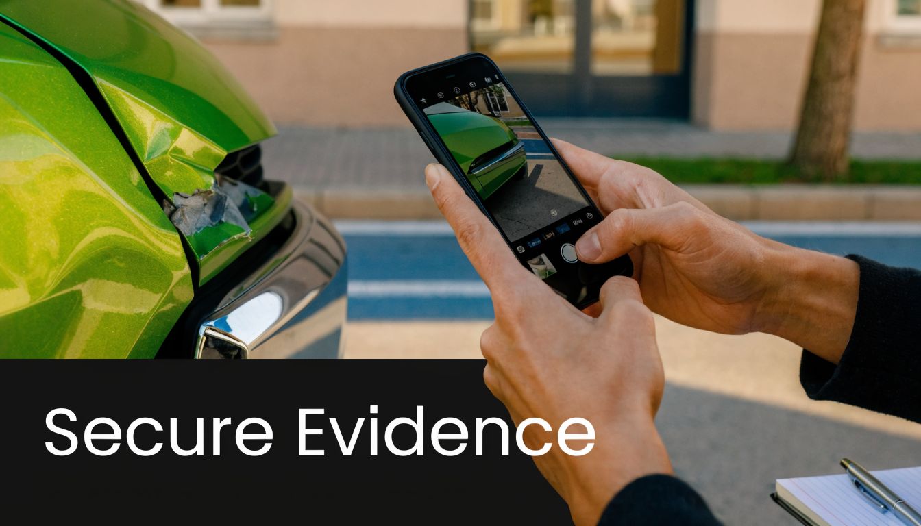 A person documenting vehicle damage after a car accident using a smartphone to take photos for insurance.