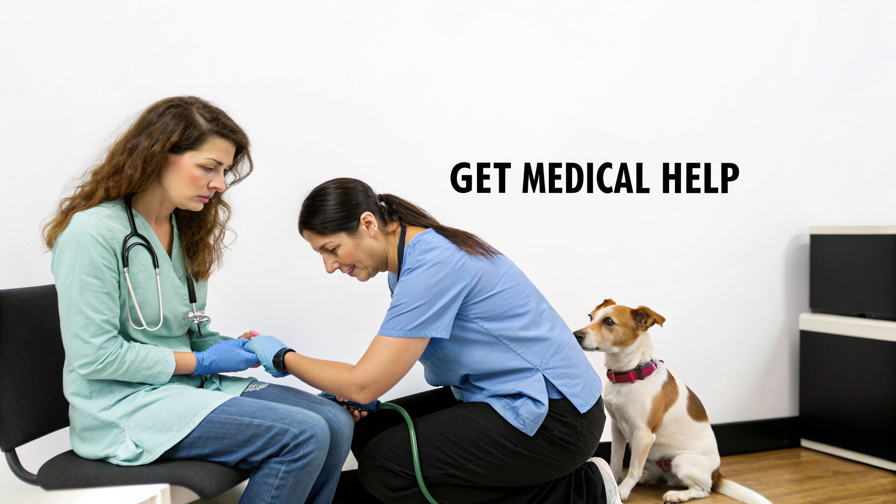 A medical professional examines a patient's arm, possibly for an injury, while a dog watches.