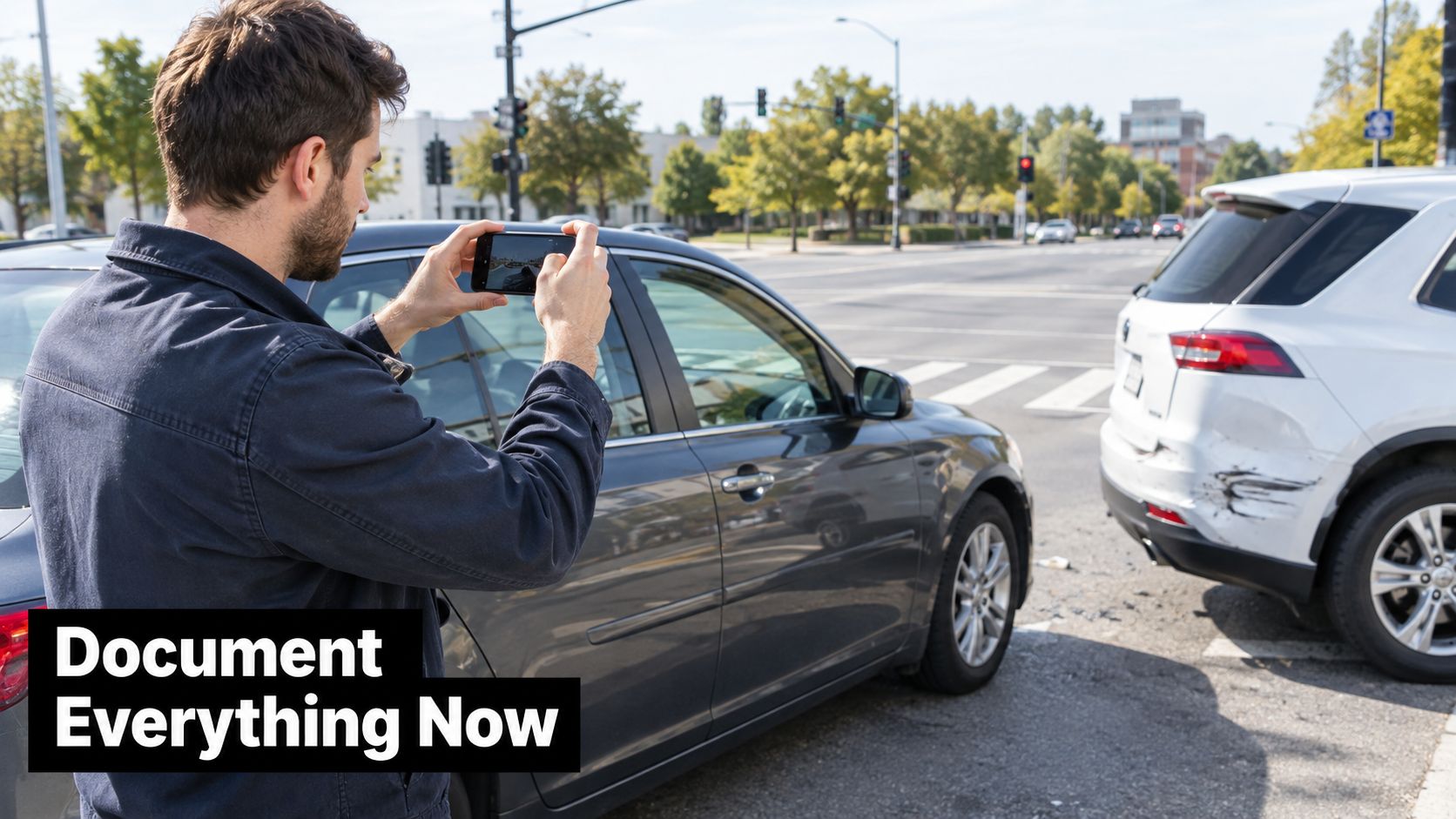 A man documenting a minor car accident on a city street by taking photos with his smartphone.