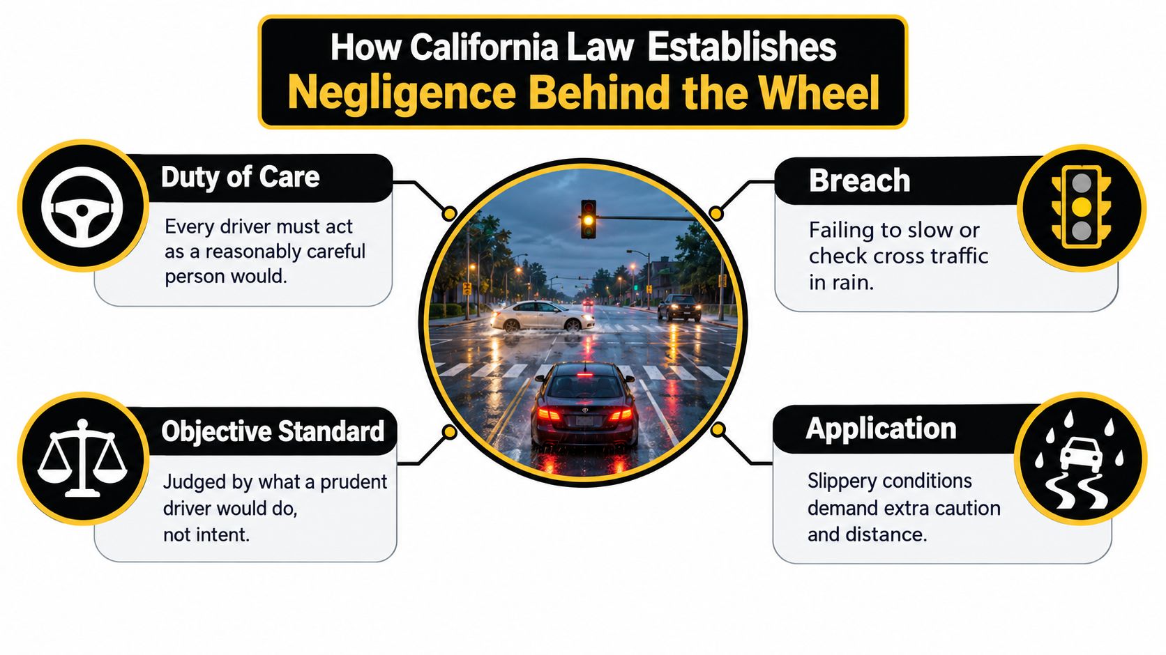 An infographic detailing how California law defines negligence for drivers using four key legal concepts.
