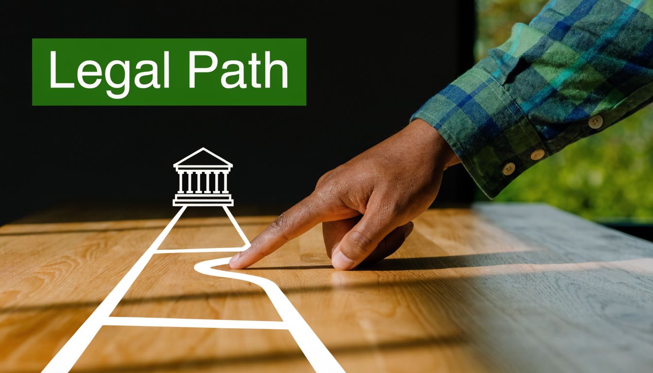 A person tracing a path toward a courthouse icon on a wooden desk representing legal guidance.