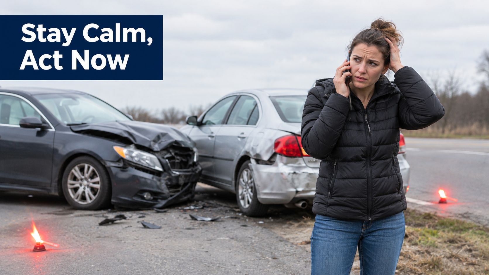 A distressed woman on her phone after a car accident with two damaged vehicles on the road.