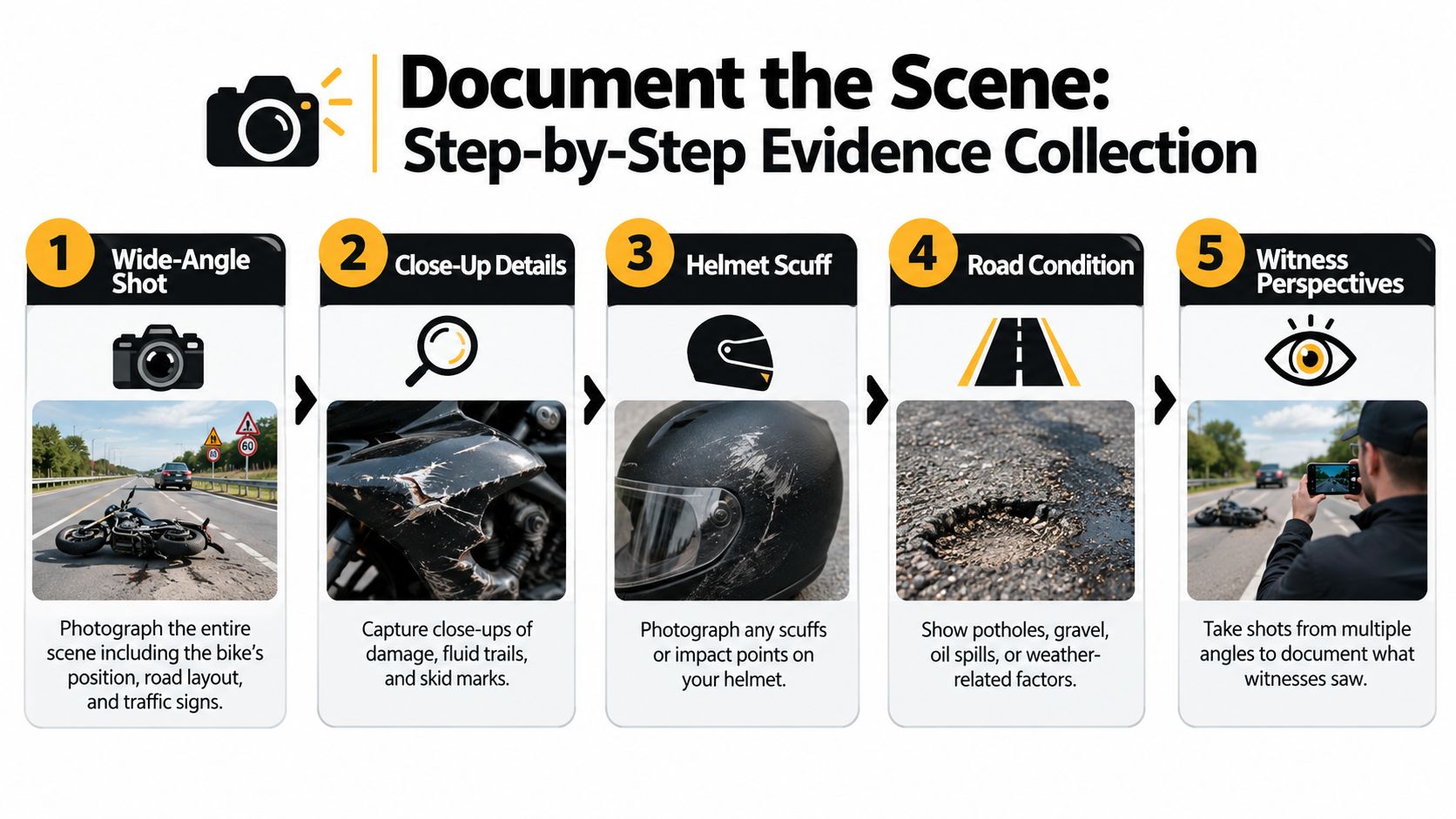 An infographic showing five essential steps to document a scene after a motorcycle accident for evidence collection.