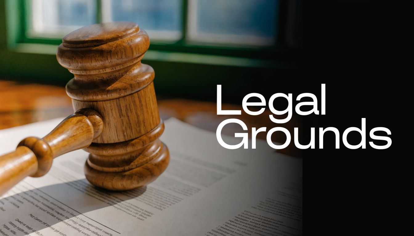 A wooden judge's gavel rests on a legal document with the text Legal Grounds on the side.