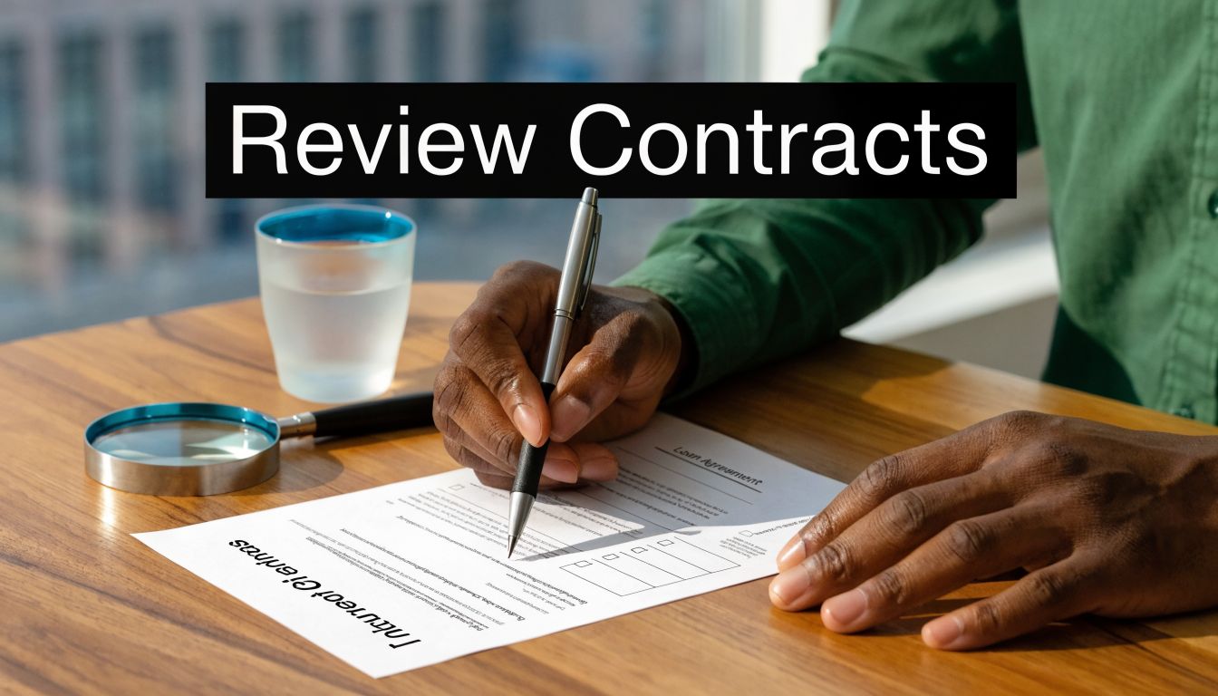 A professional man in a green shirt carefully reviews and signs a loan agreement document at a desk.