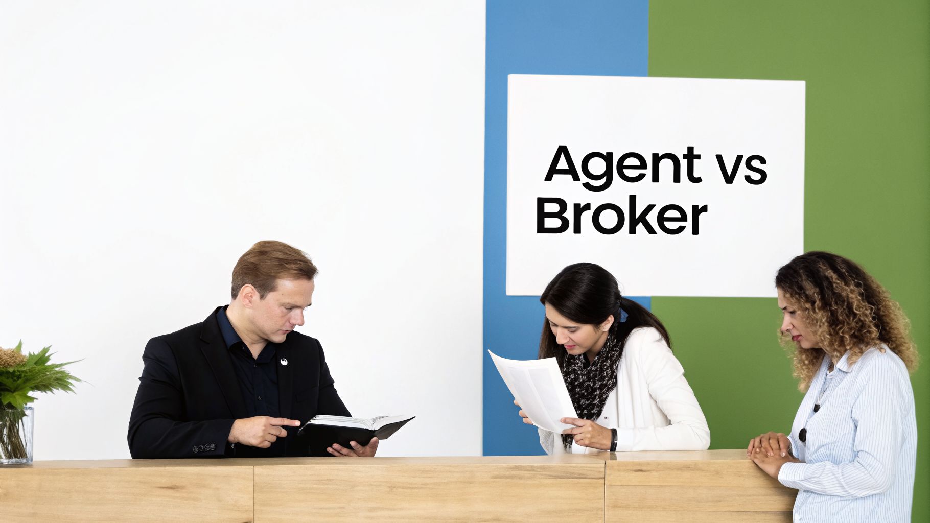 Three business professionals, two women and one man, discussing 'Agent vs Broker' at a counter.