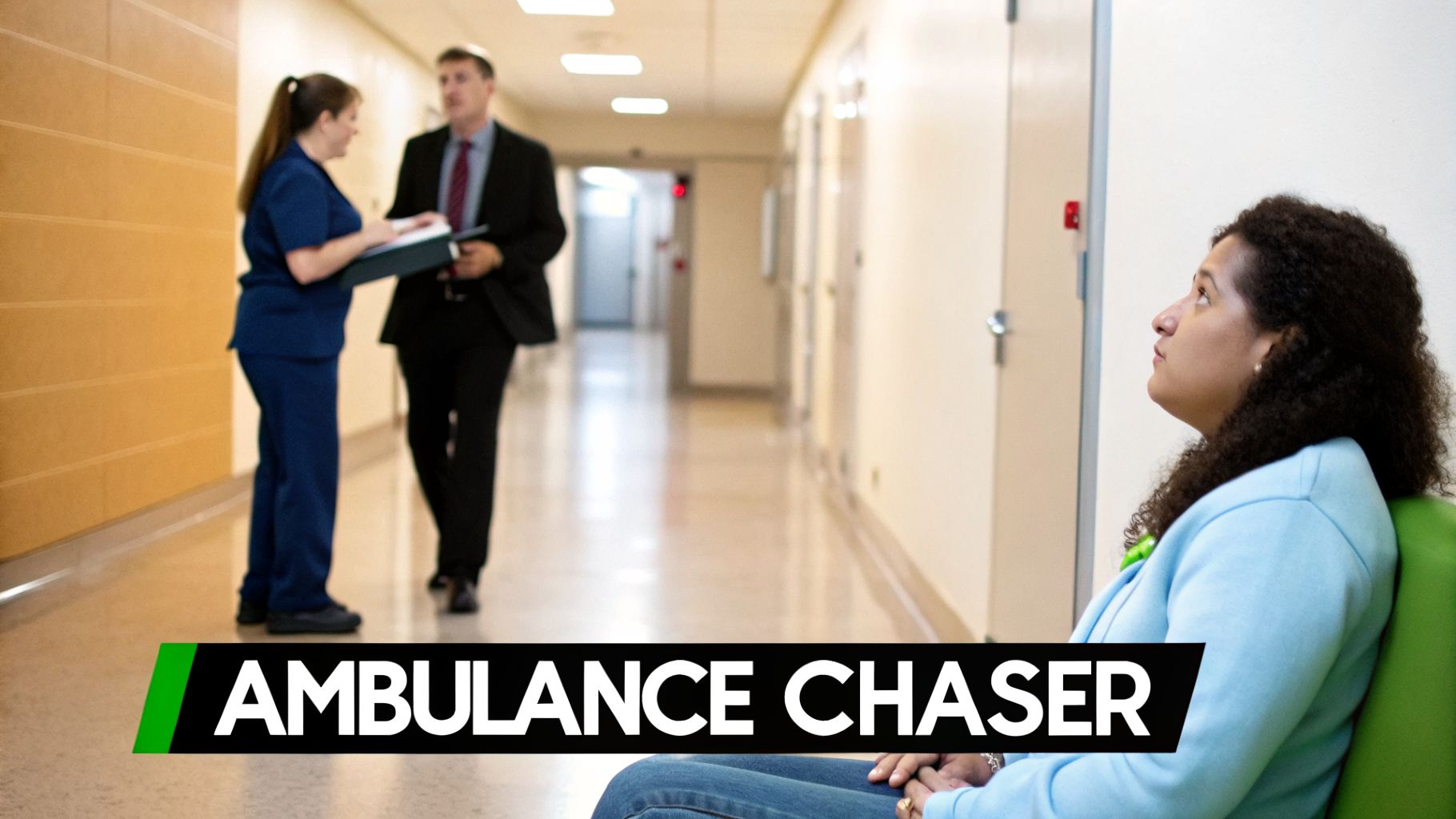 A woman sits patiently in a waiting room, looking up, with a blurred hospital hallway in the background. The text 'AMBULANCE CHASER' is displayed.