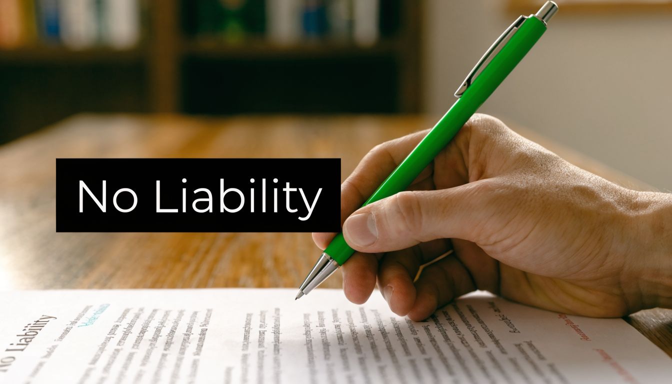 A close-up view of a person holding a green pen over a document titled No Liability.