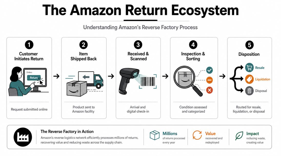 A diagram illustrating Amazon's five-step reverse logistics process, starting from customer return requests to final disposition.