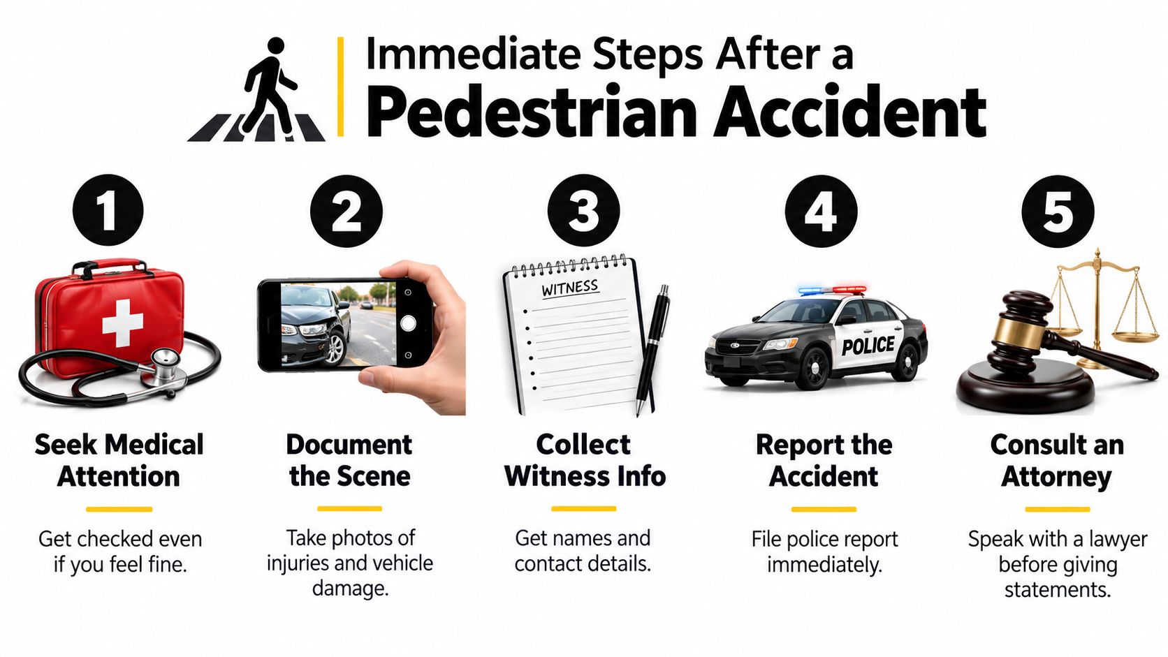 An infographic showing five essential steps to take immediately following a pedestrian versus vehicle accident.
