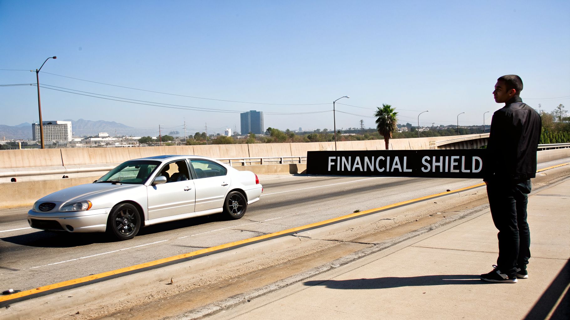 A man stands on a sidewalk next to a highway with a 'FINANCIAL SHIELD' barrier and a car.