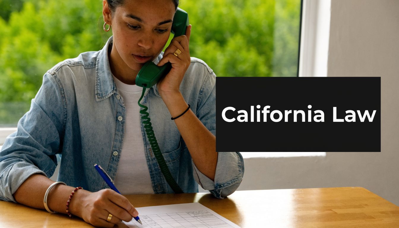 A woman talking on a telephone and writing on a paper regarding California Law documentation.