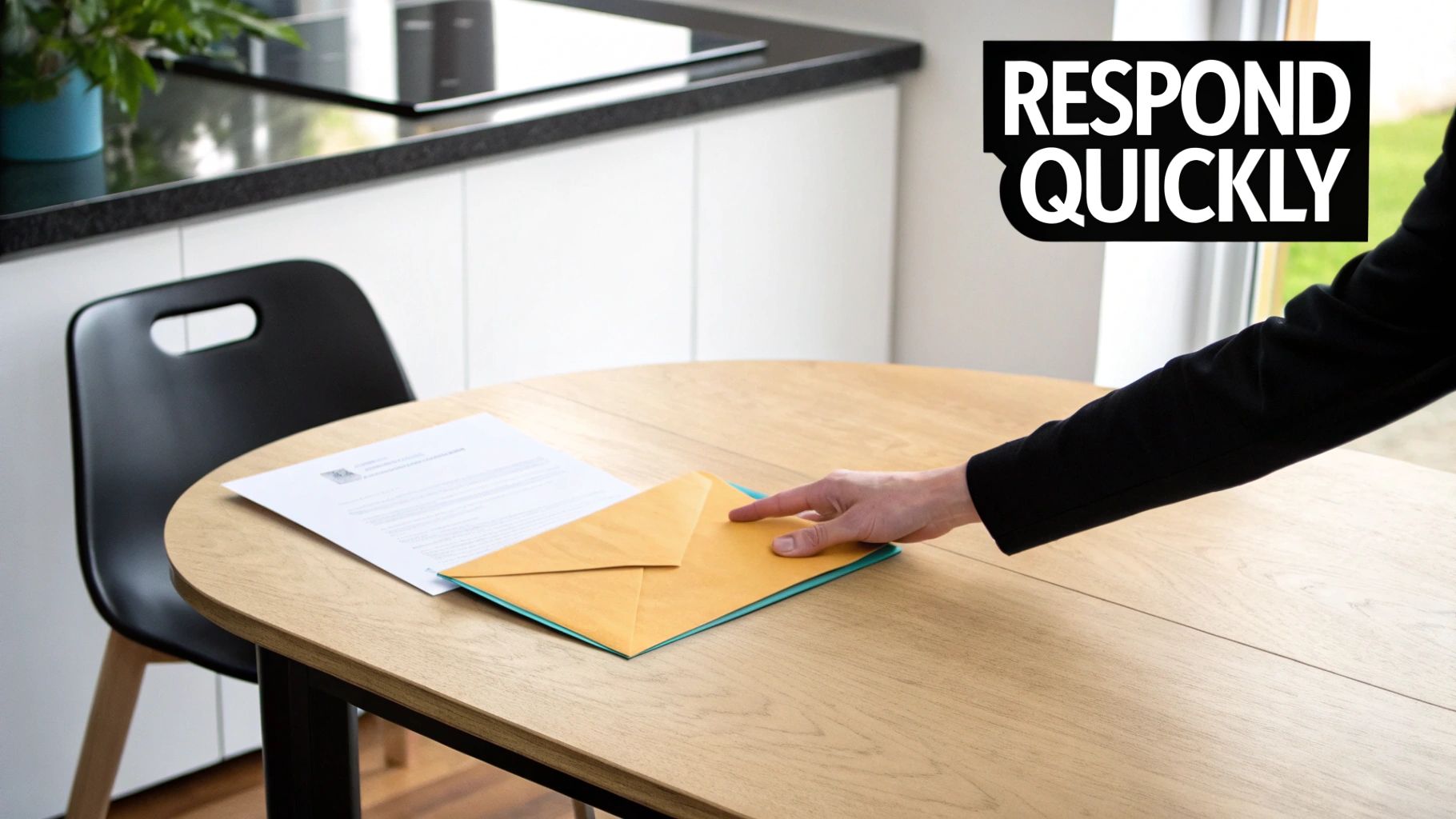 A person's hand reaches for an open envelope and document on a wooden table, with 'RESPOND QUICKLY' text.