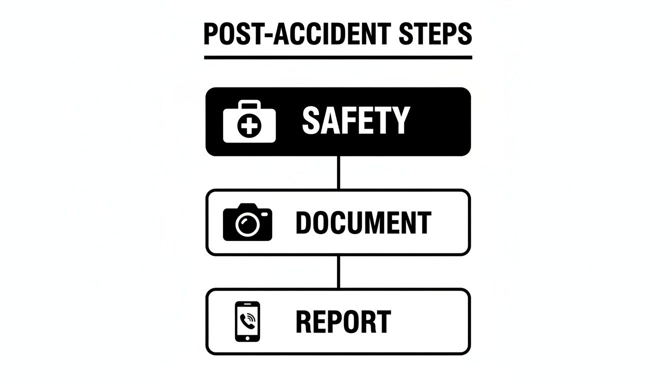A clear flowchart outlining post-accident steps: Safety, Document, and Report with corresponding icons.