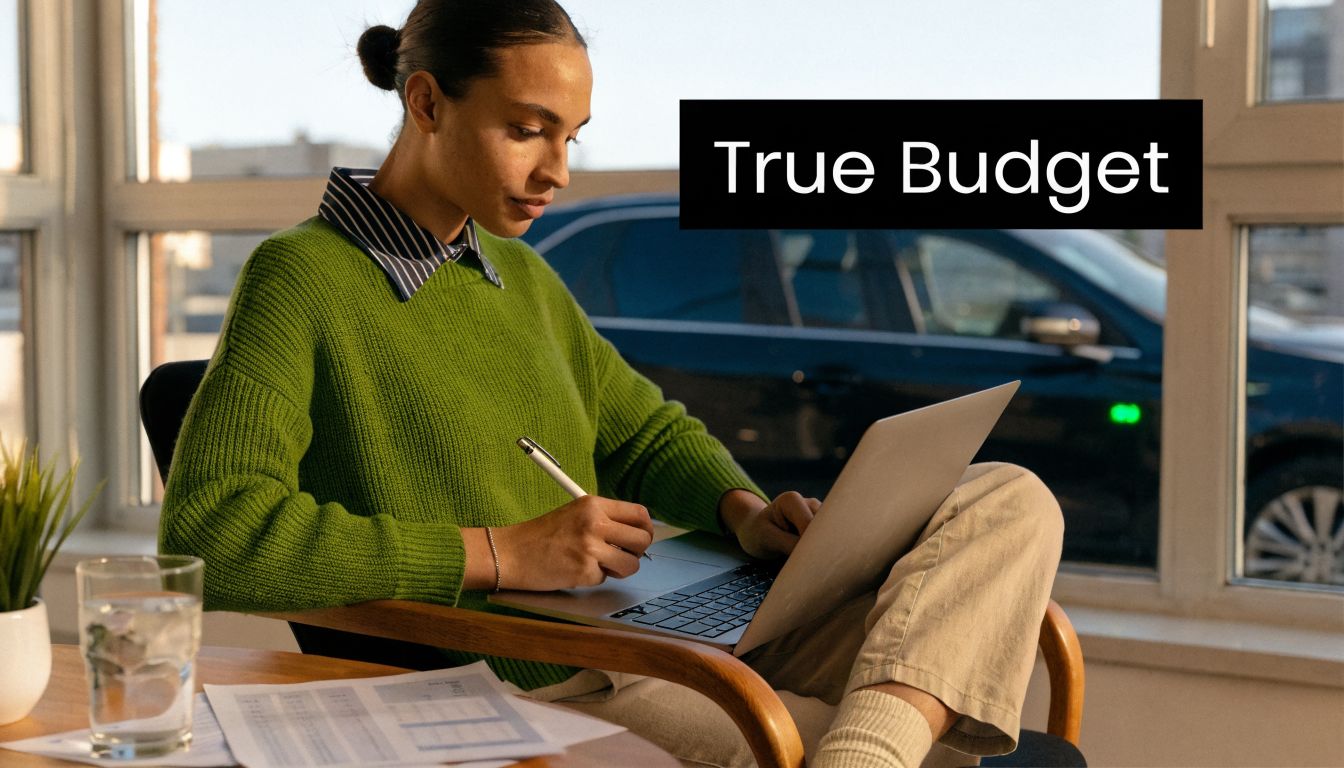 A woman working on a laptop with documents in an office setting with a car visible outside.