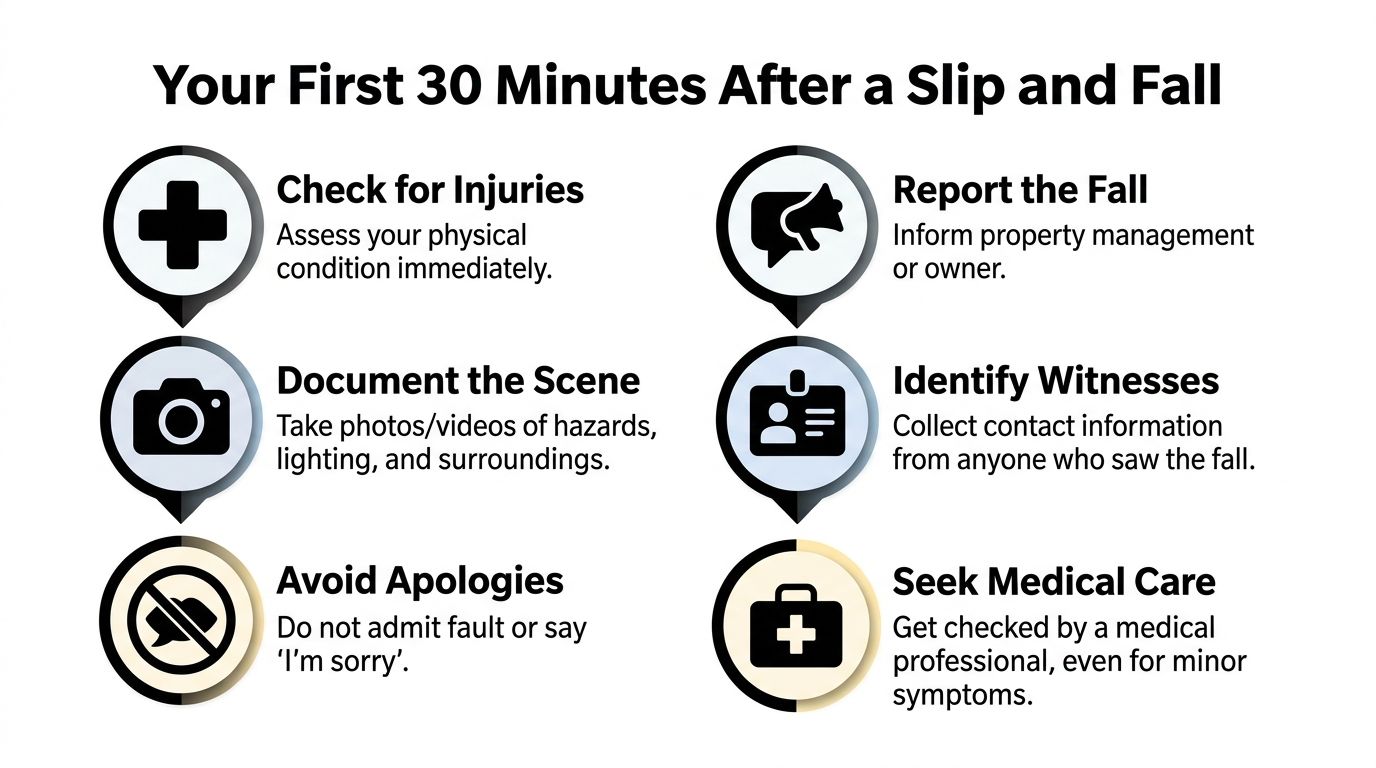 An infographic titled Your First 30 Minutes After a Slip and Fall outlining six essential safety steps.