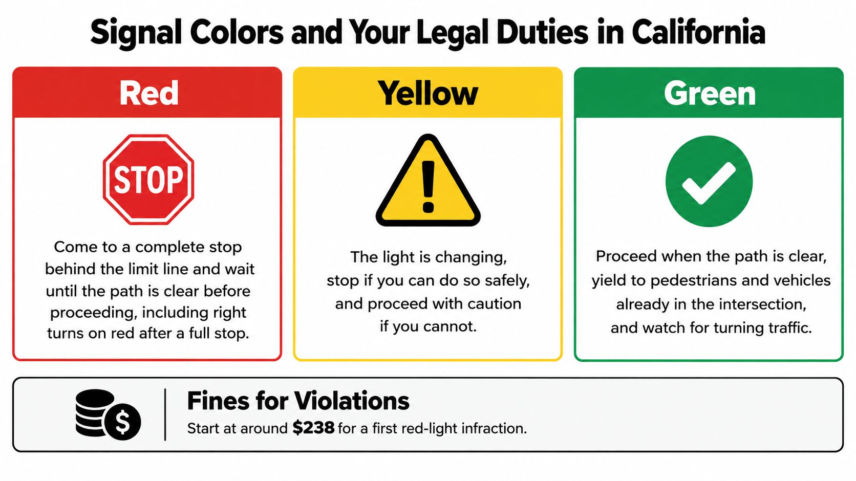 A chart explaining traffic signal meanings in California, detailing duties for red, yellow, and green lights.