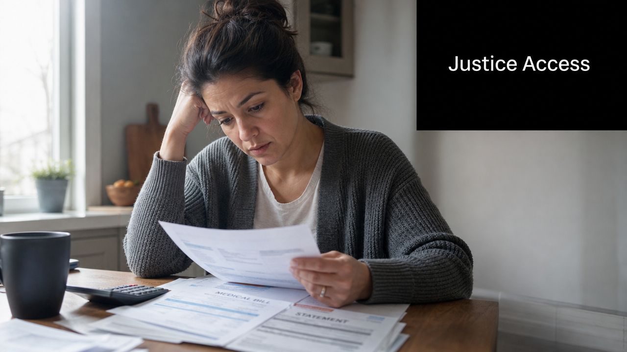 A concerned woman sitting at a desk reviewing medical bills and financial statements with a calculator.