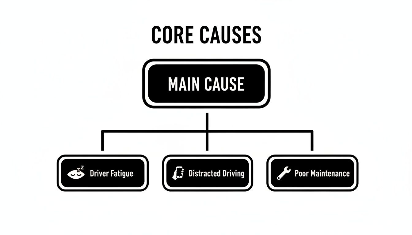 Flowchart illustrating core causes: main cause leading to driver fatigue, distracted driving, and poor maintenance.