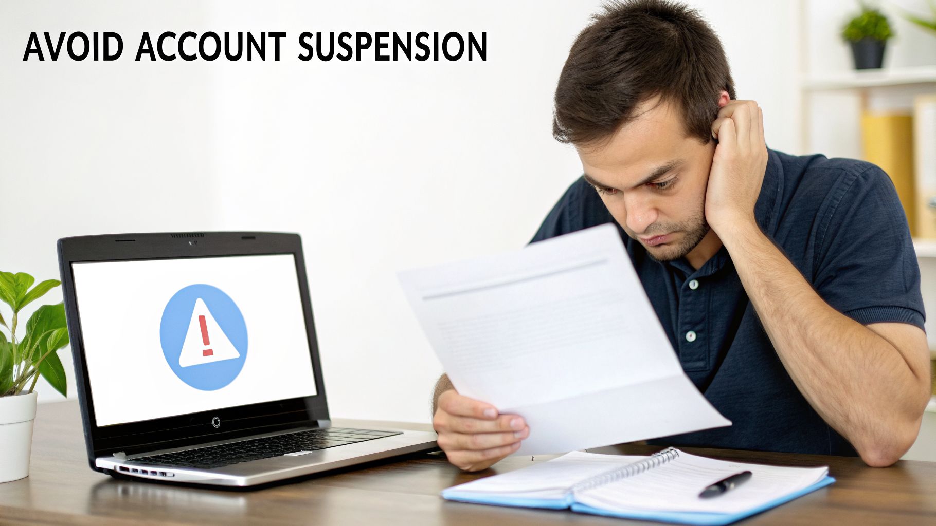 A worried man reads a document, while a laptop shows an account suspension alert.