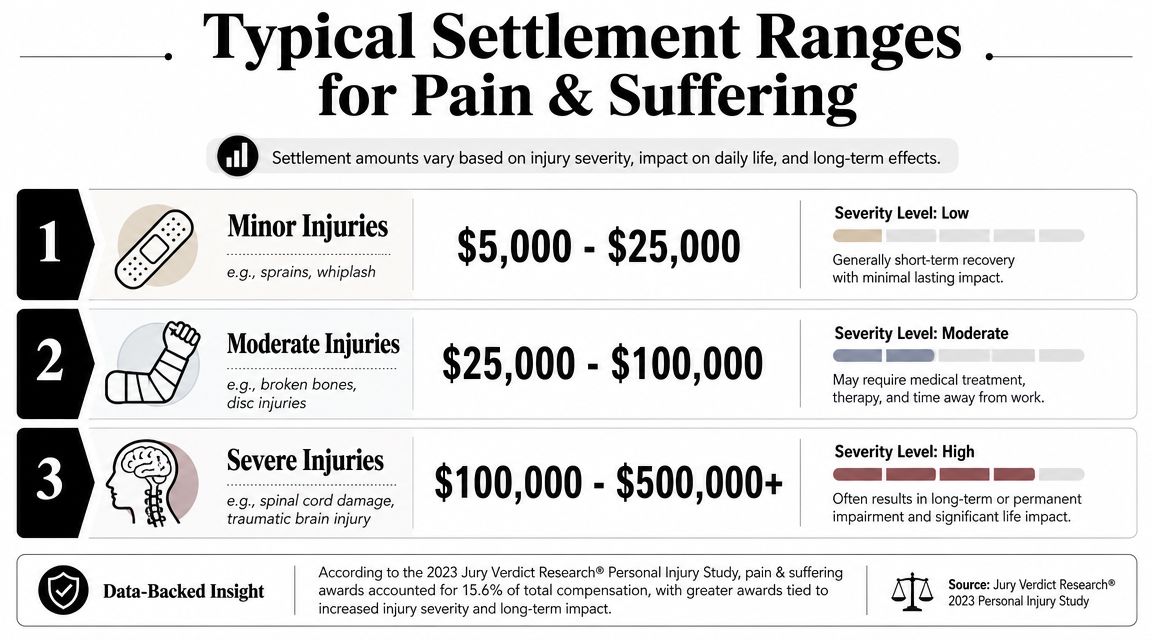 A chart detailing typical pain and suffering settlement ranges for minor, moderate, and severe personal injury cases.