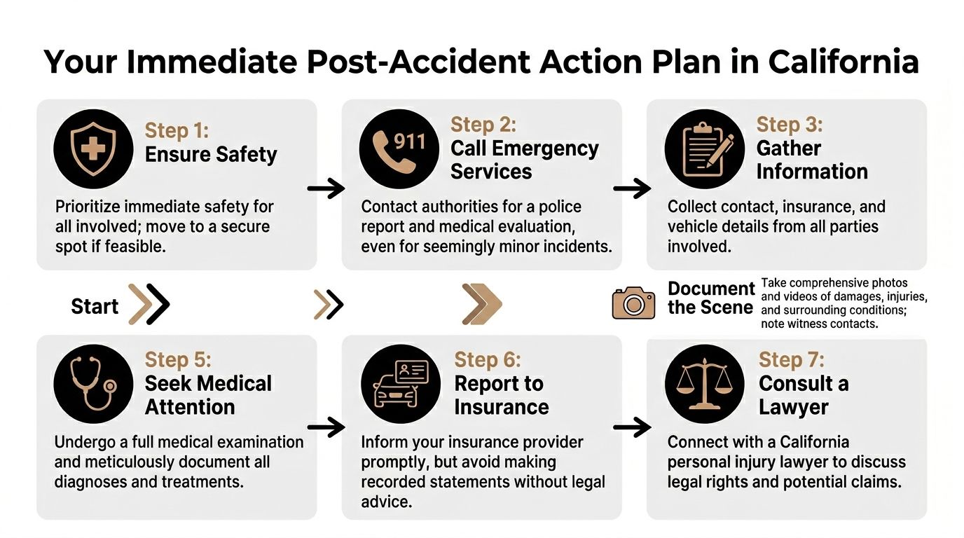 An infographic titled Your Immediate Post-Accident Action Plan in California outlining seven essential steps following a car accident.