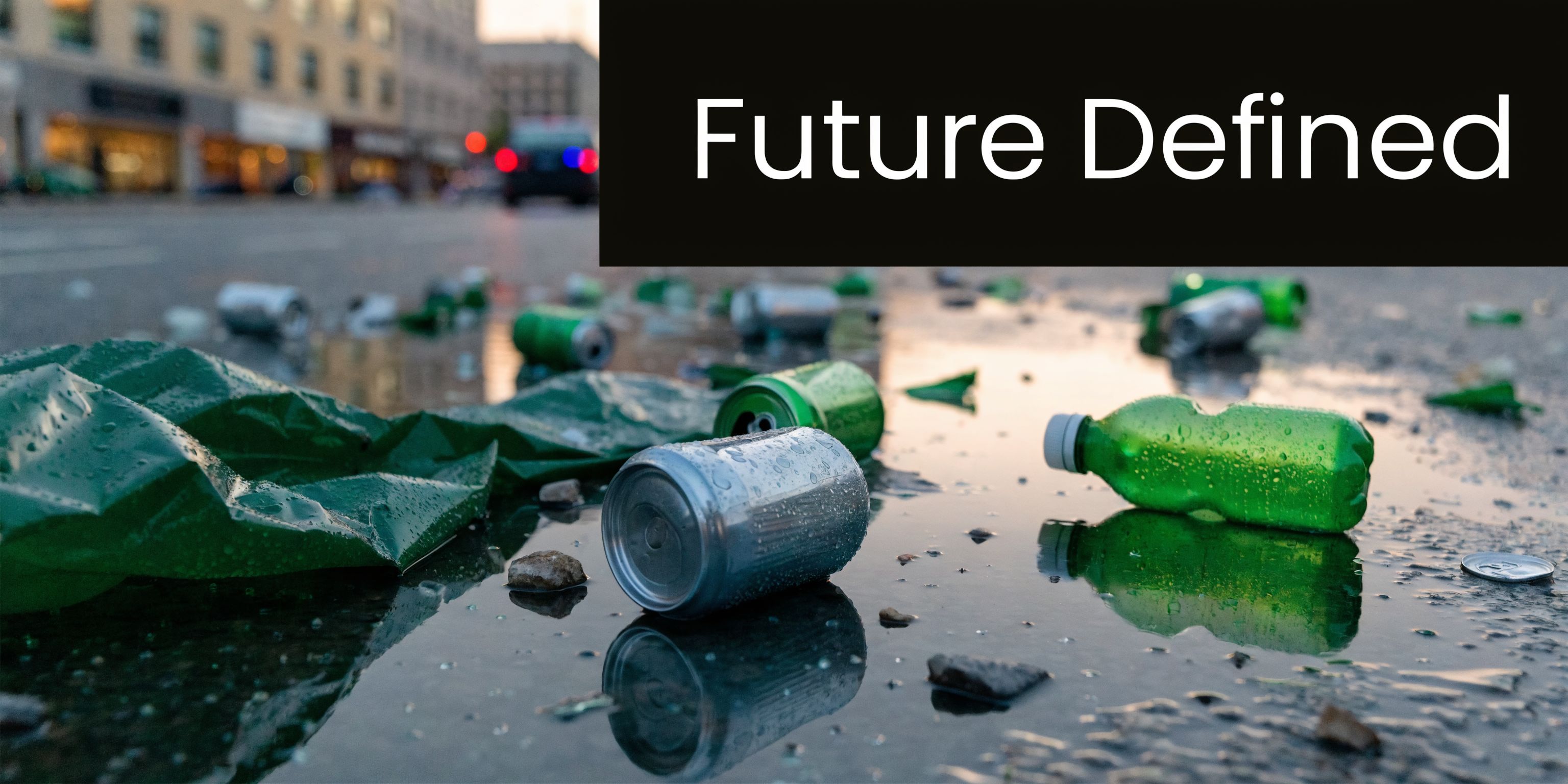 A desolate urban street littered with discarded soda cans and plastic bottles in a shallow puddle.