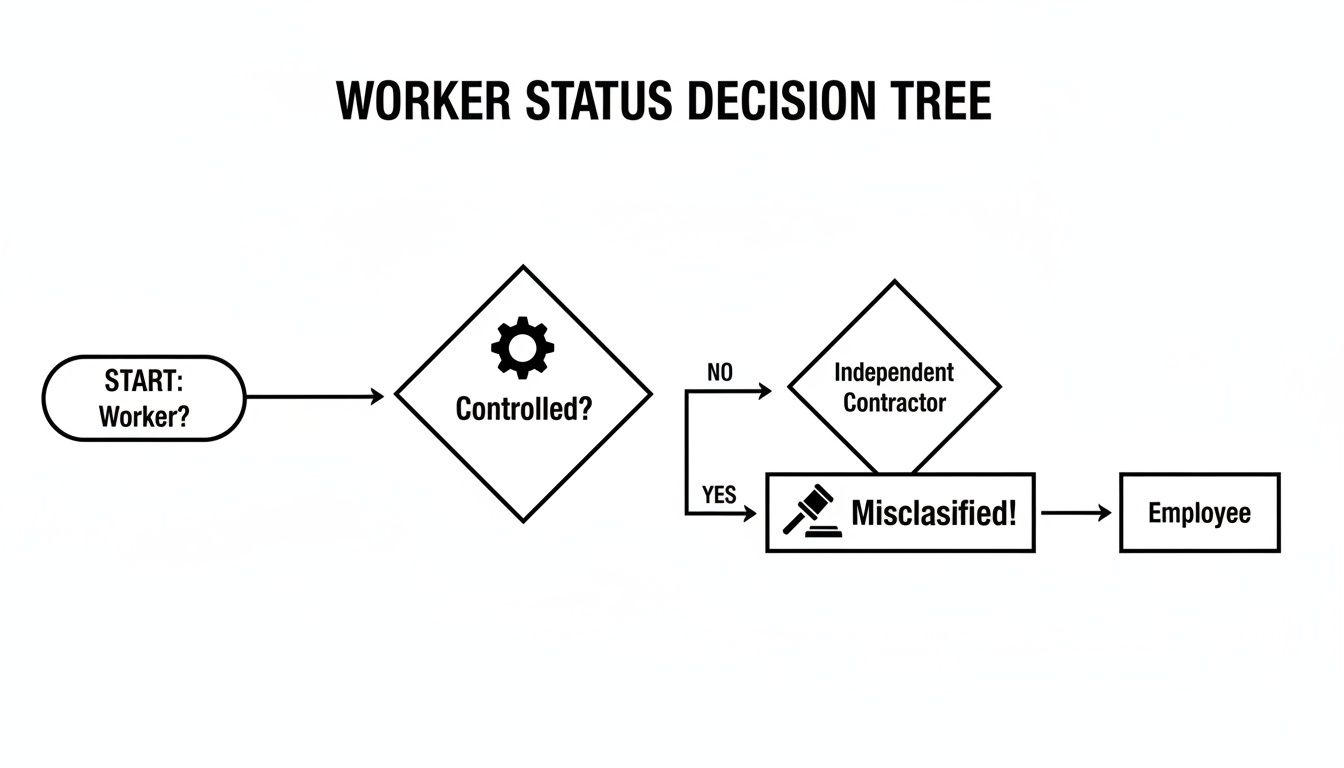 Worker status decision tree flowchart to determine if a worker is an independent contractor or employee.