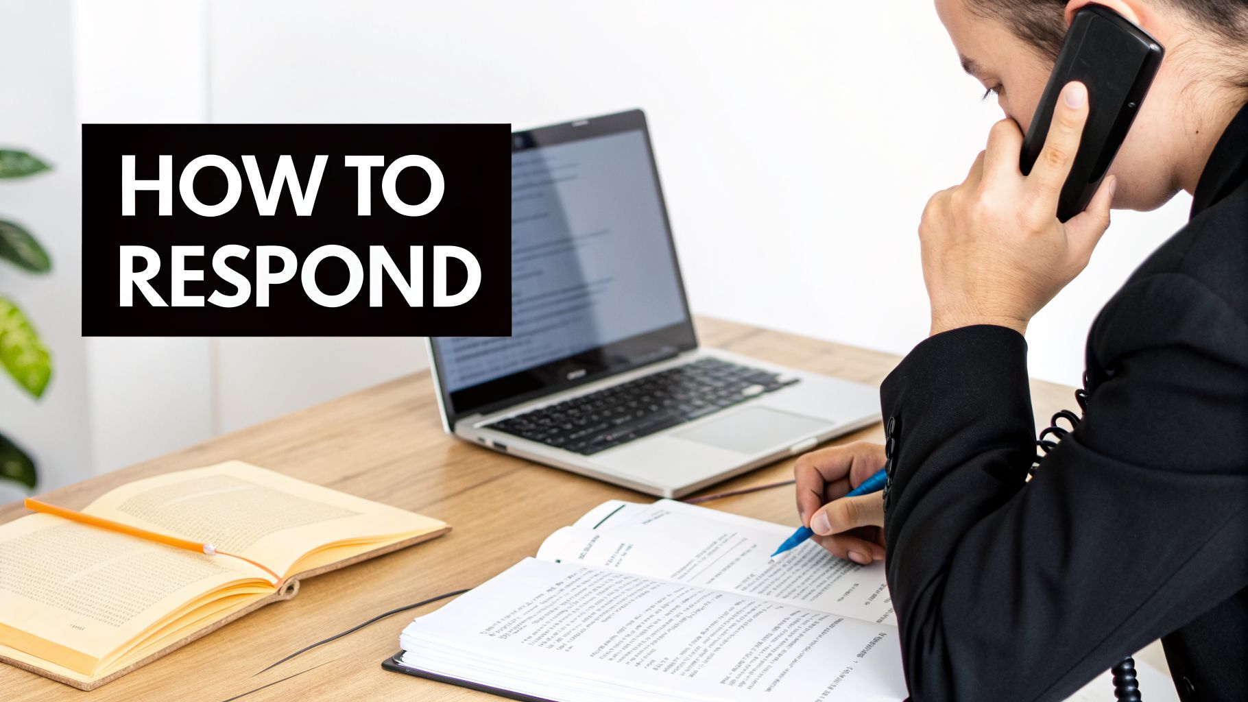 Professional on phone and writing, with a laptop and books on a desk, featuring 'HOW TO RESPOND'.