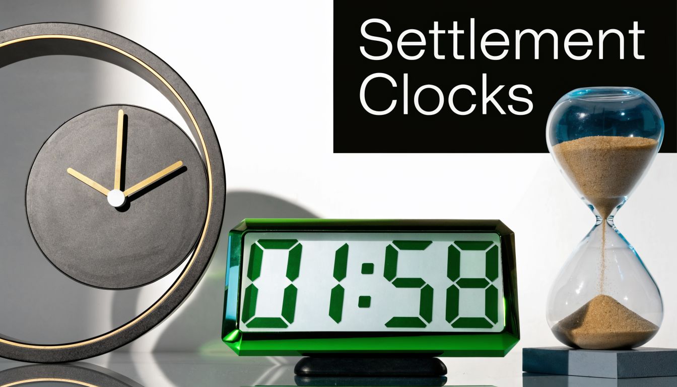An analog wall clock, a digital countdown timer, and an hourglass representing settlement clocks.