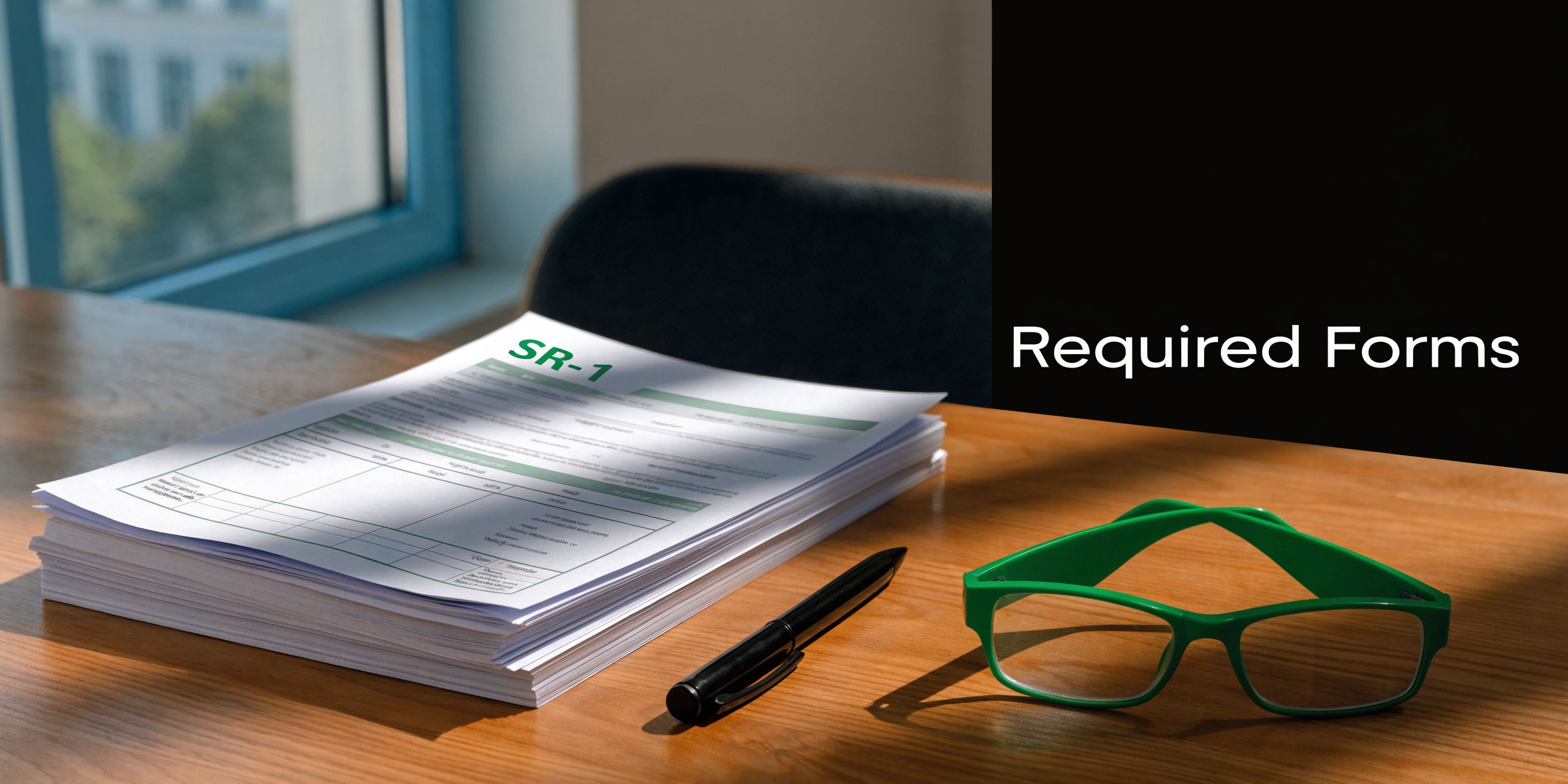 A stack of SR-1 financial responsibility forms with a black pen and green glasses on a desk.