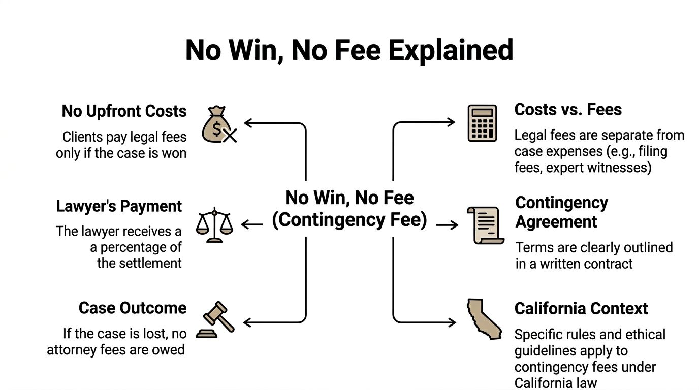 An infographic explaining the No Win No Fee contingency fee structure used by personal injury lawyers.