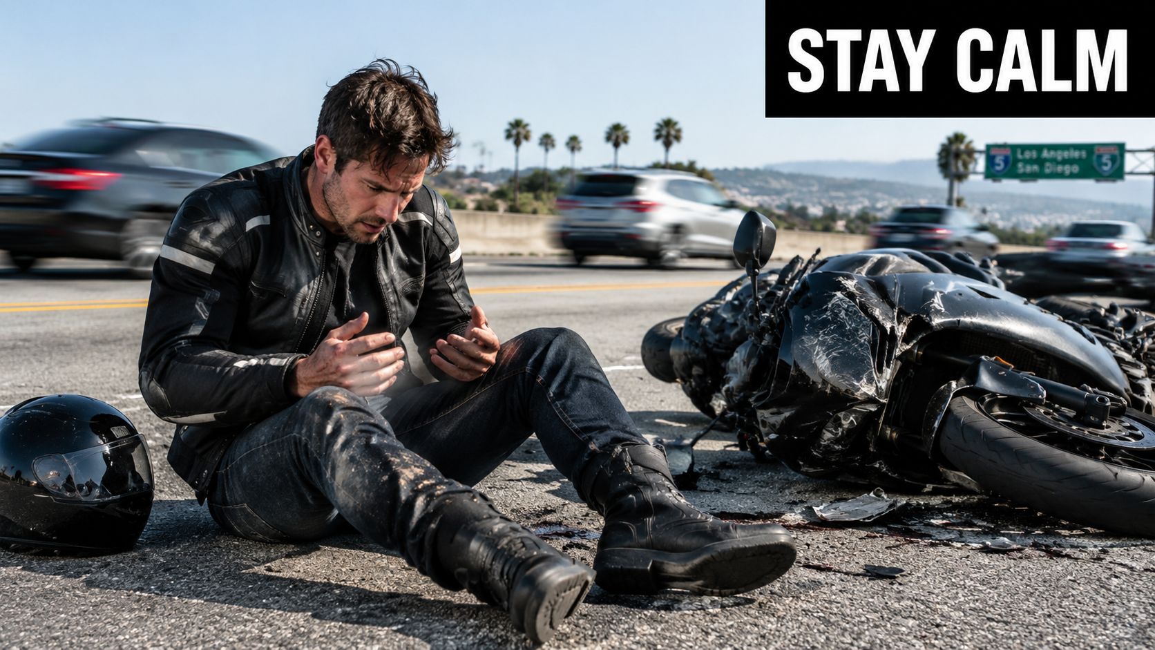 A distraught motorcyclist sits on the highway asphalt after an accident next to his damaged motorbike.