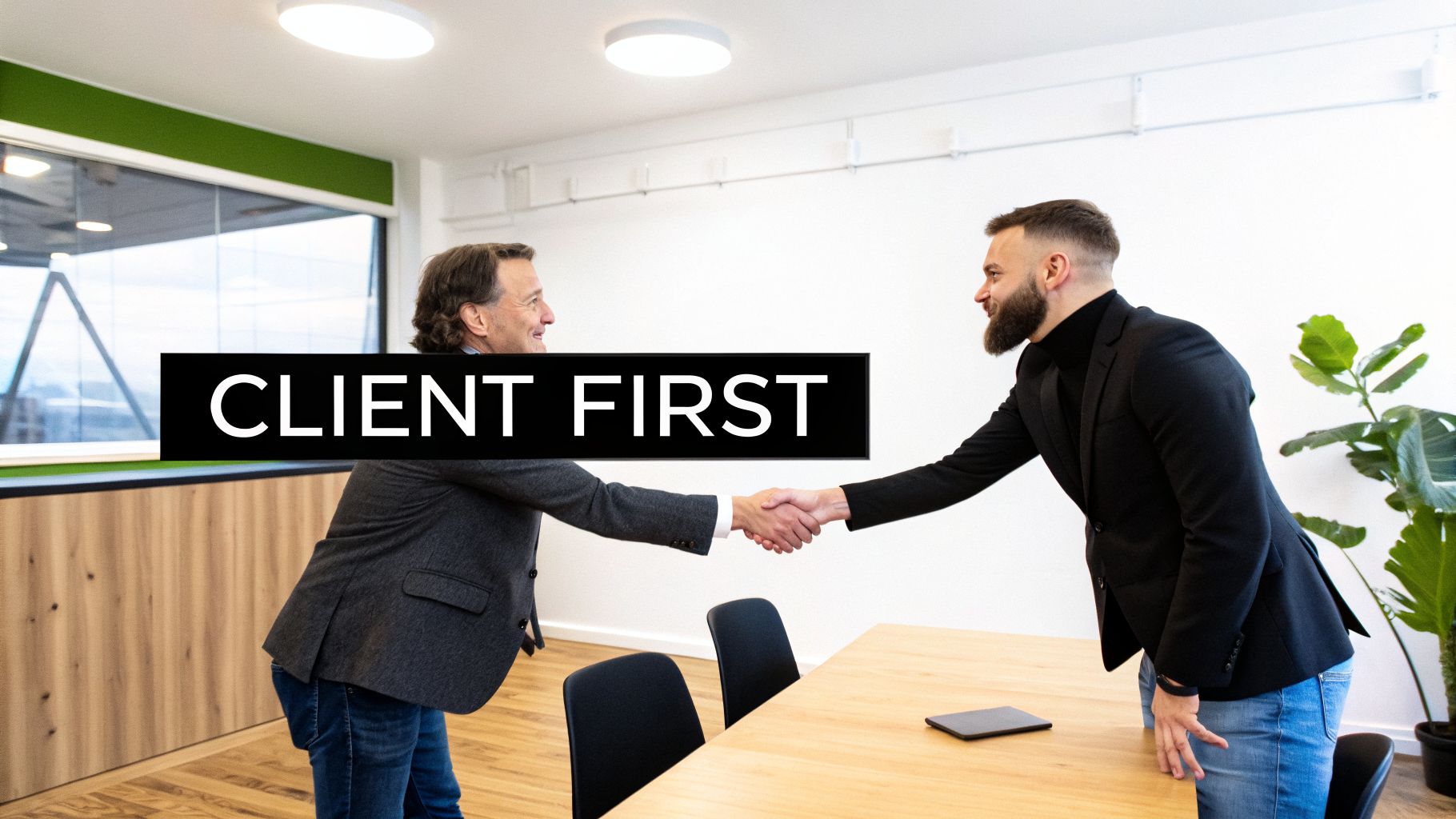 Two smiling men in business attire shake hands in a modern office, with 'CLIENT FIRST' text overlay.