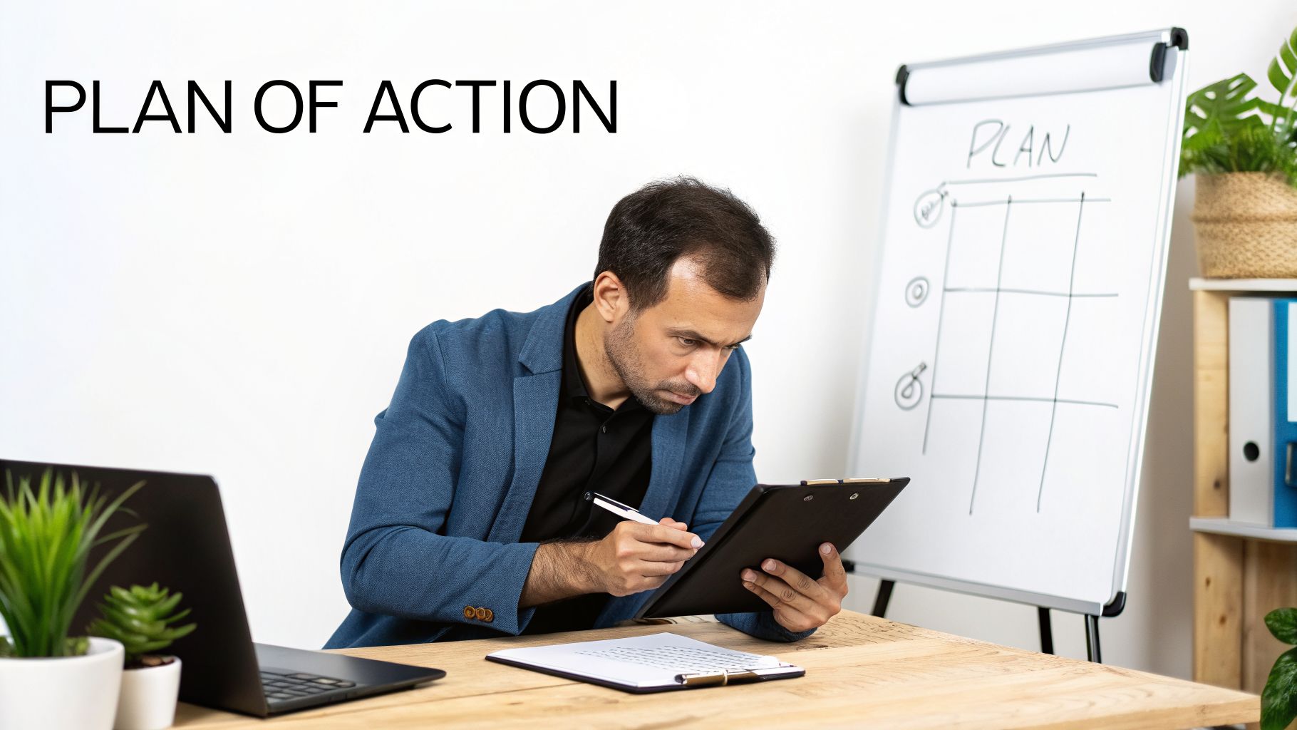 Focused man planning actions on a clipboard, with 'PLAN OF ACTION' text and whiteboard in an office.