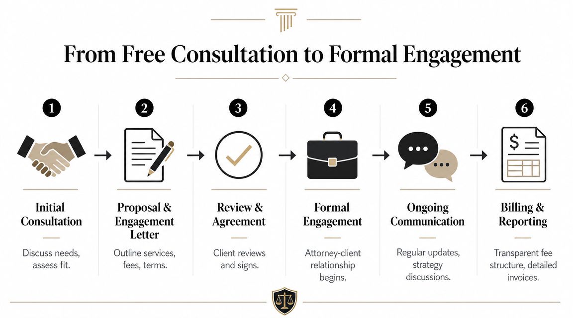 A six-step infographic showing the legal process from initial consultation to billing and reporting.