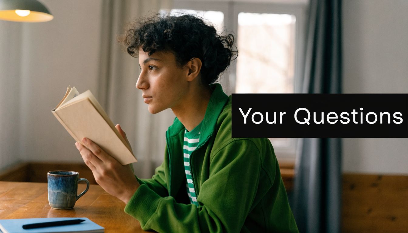 A young person with curly hair wearing a green jacket reading a book at a wooden desk.