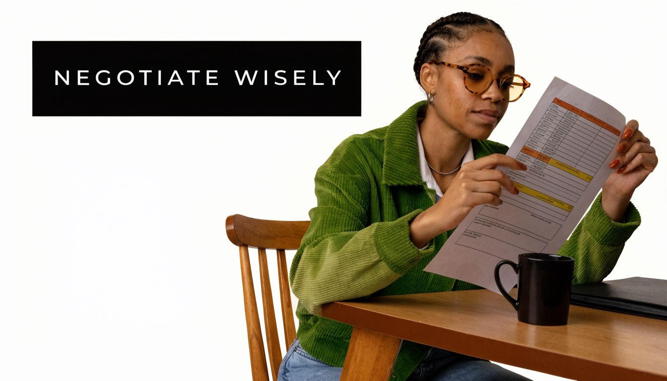 A woman wearing glasses and a green jacket carefully examines a document while sitting at a wooden table.