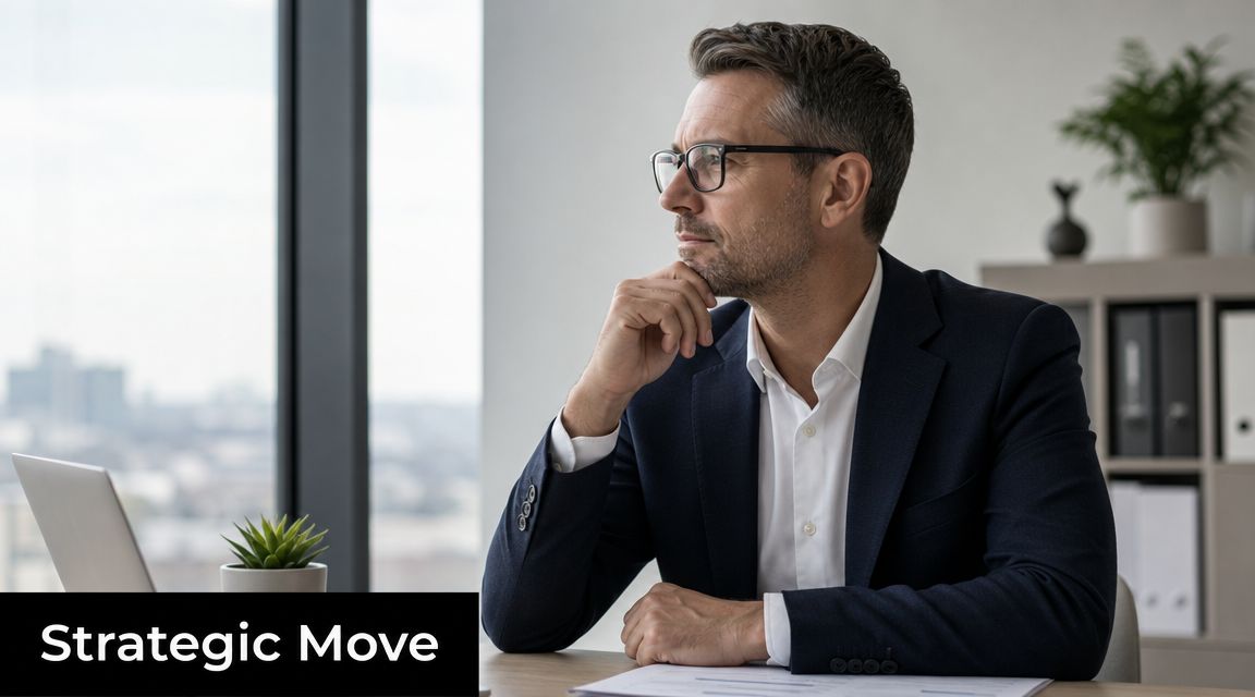 A professional man in a suit looking out the window while working at his office desk.