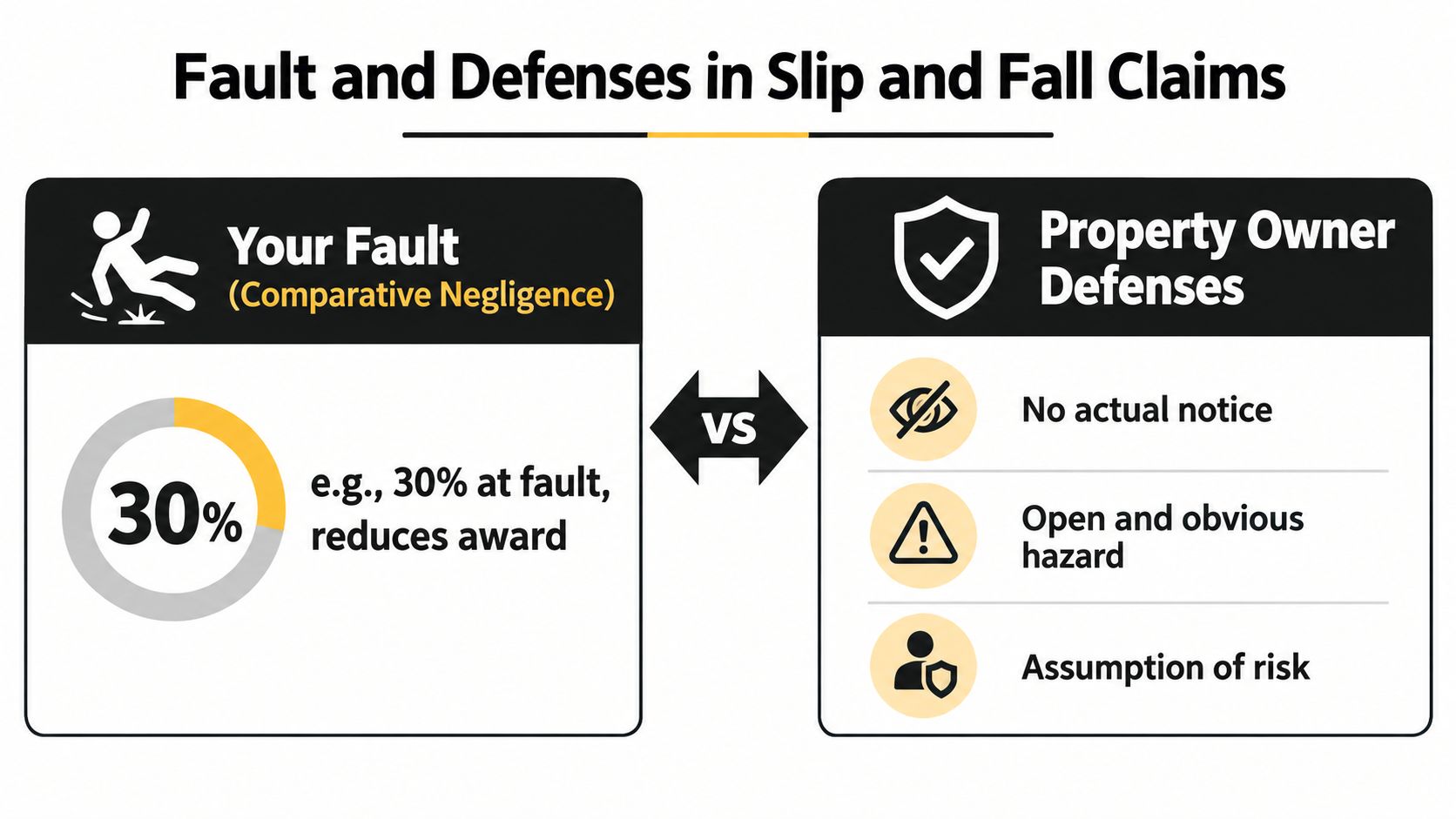 An infographic comparing a person's fault through comparative negligence versus property owner defenses in slip and fall claims.