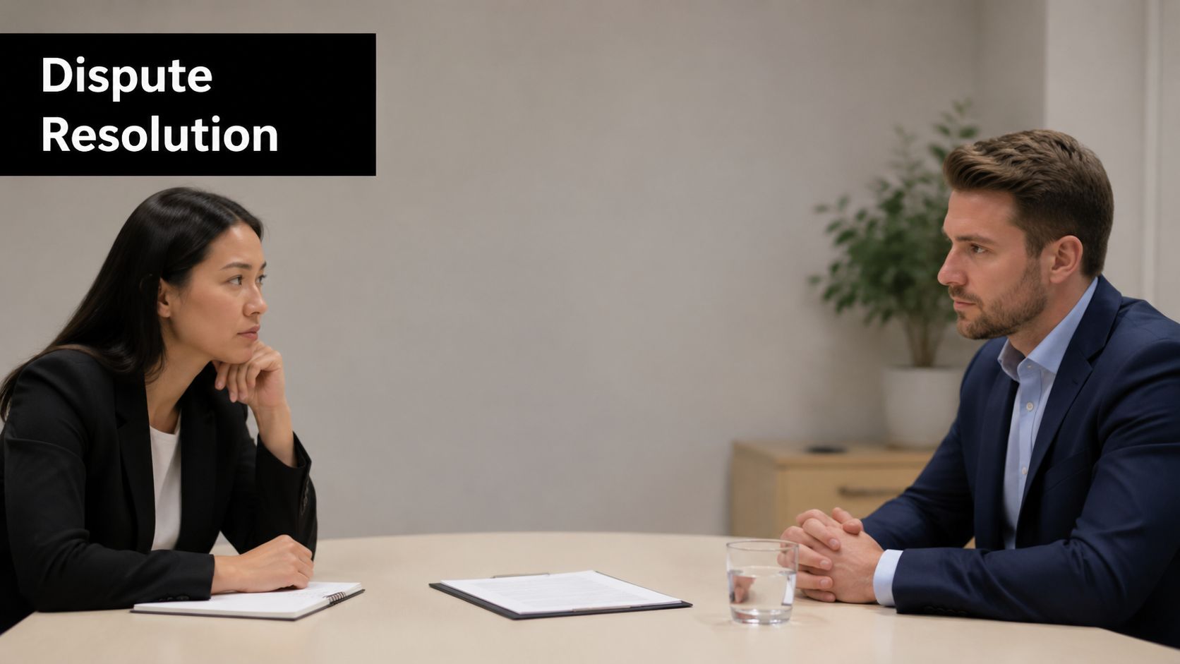 A professional man and woman in business attire sitting across from each other discussing legal matters.
