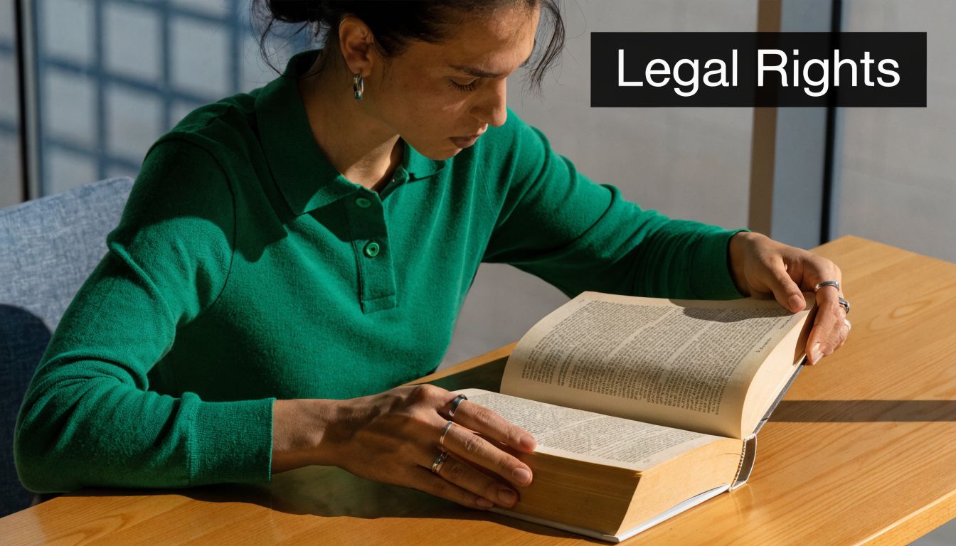 A young person wearing a green polo shirt reading a legal book at a wooden desk.