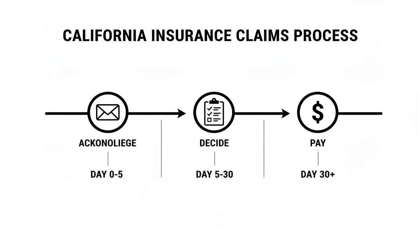 A flowchart illustrating the California insurance claims process, detailing Acknowledge, Decide, and Pay steps with timelines.