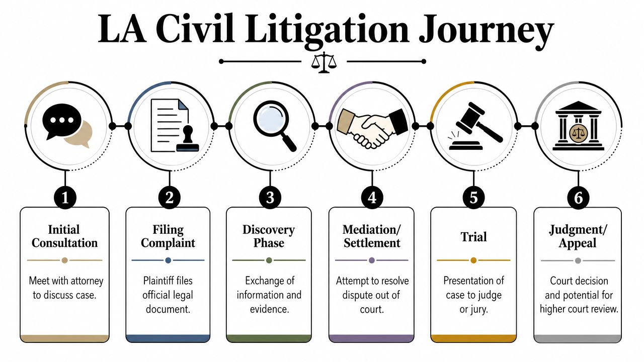 A flow chart titled LA Civil Litigation Journey outlining the six stages of a civil lawsuit process.