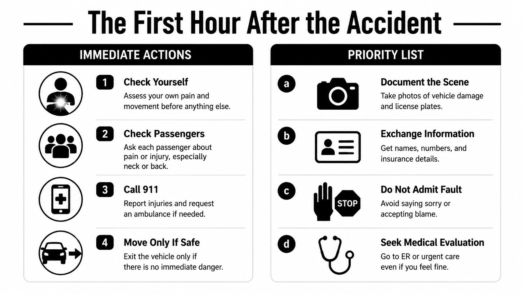 A checklist infographic titled The First Hour After the Accident detailing immediate actions and safety priorities.
